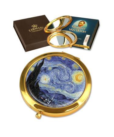 CARMANI - Gold plated bronze pocket compact travel mirror decorated with Van Gogh 'The Starry Night' painting