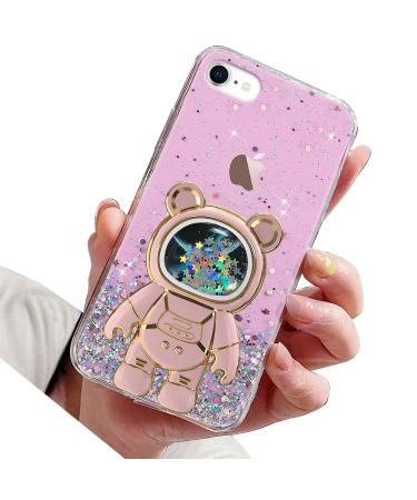 Rnrieyta Miagon B r Astronaut Stand Shell for iPhone 8/7/SE 2020/2022 Cute Girls D nn Crystal Protection Cap Treibsand Bling Transparent Case Bumper with astronaut Halter Kickst nde Rosa iphone 8/7/SE 2020/2022 pink