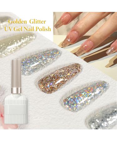 Glitter Gel Nail Polish Golden Holographic Led UV Gel Nail Varnish Shimmering Metallic Shining Sparkling Long Lasting Birthday Gift for Women Diamond Gold Gel Polish 15ml - Buy Online on GoSupps.com