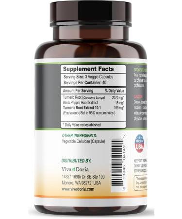 Viva Doria Turmeric Curcumin with Black Pepper Extract 2250mg 95% Standardized Curcuminoids - Black Pepper for Max Absorption 120 Vegetable Capsules - Buy Online on GoSupps.com