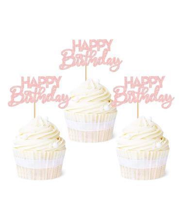Ercadio 24 Pack Happy Birthday Cupcake Toppers Light Pink Glitter Birthday Cupcake Picks for Baby Shower Kids Birthday Anniversary Party Cake Decorations Supplies Pattern 3 Light Pink