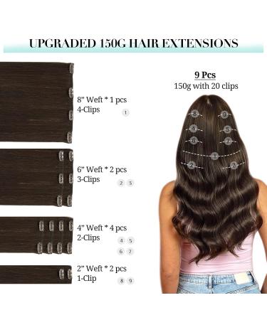 Doores Real Hair Extensions Clip In - Light Dark Brown 55cm 22 Inch 9 Pieces 150g Remy Human Hair for Thick Straight Hair - Buy Online on GoSupps.com