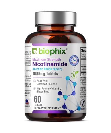 biophix B-3 Nicotinamide 1000 mg 60 Tablets Extra Strength Timed Release - Nicotinic Amide Niacin Natural Flush-Free Vitamin Formula - Supports Skin Cell Health