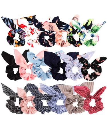 Bow Scrunchies For Hair  18 Pcs Chiffon Satin Scrunchies Silk with Bow Scarf  Solid Stripe Flower Color Bow Scrunchies  Ponytail Holder with Tail  Rabbit Bunny Ear BowKnot Hair Accessories