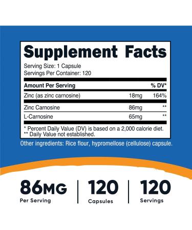 Nutricost Zinc Carnosine 86mg - 120 Capsules | Non-GMO & Gluten Free L-Carnosine Supplement - Buy Online on GoSupps.com