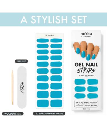 MOYOU LONDON Semi Cured Gel Nail Wraps - 20 Pcs Salon-Quality Gel Nail Polish Strips with Nail File & Cuticle Stick - Cool Pool Color || UV/LED Lamp Required - Buy Online on GoSupps.com