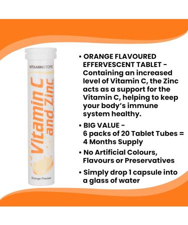 Vitamin Store Vitamin C and Zinc Effervescent Tablets Orange Flavoured Suitable for Vegans 6 Packs of 20 20 count (Pack of 6) - Buy Online on GoSupps.com