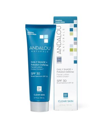 Andalou Naturals Daily Shade Face Sunscreen SPF 30 Zinc Oxide Mineral Sunscreen Sun + Pollution Defense Face Lotion Helps Minimize Look of Pores Matte Finish & Lightweight - 2.7 Fl. Oz.
