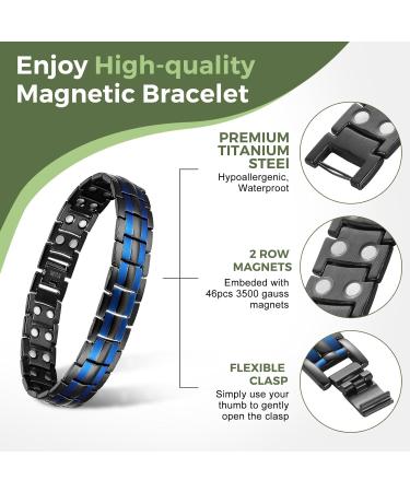 MagEnergy Titanium Steel Magnetic Bracelet for Men | Double Row Ultra Strength Magnets | Adjustable Links Removal Tool | Jewelry Gift Box | Two Blue Line Design - Buy Online on GoSupps.com