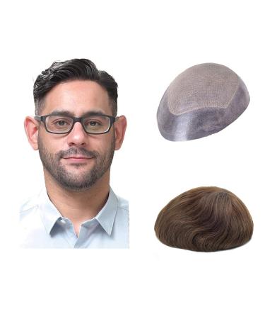 Lordhair Knotless Toupee for Men Skin Flat Injected Human Hair System Base Size 8x10 Inch Light Medium Density Front Contour A Shape Mens Hairpiece Medium Dark Brown 4#