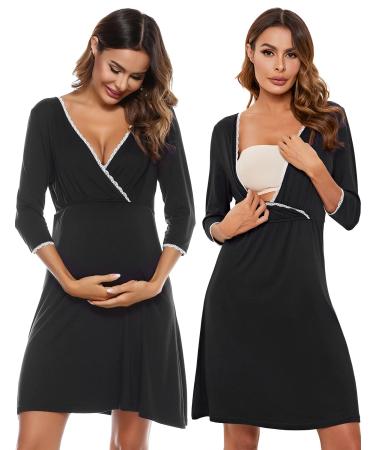 Sykooria Women's Breastfeeding Dress Cotton Soft Nursing Nightdress 3/4 Length Sleeves Maternity Nightdress Labour Nightgown for Hospital and Home A - Black XXL