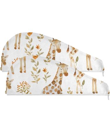 Watercolor Giraffe Hair Towel 2 Pack - Super Absorbent Quick Dry Hair Turbans for Women & Girls - Perfect Hair Drying Solution - Buy Online on GoSupps.com