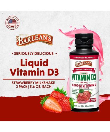 Barlean's Pack of 2 Vitamin D3 Liquid Supplement for Kids and Adults 5000 IU Vitamin D Strawberry Milkshake Non-GMO Gluten and Dairy Free 5.6 oz Each - Buy Online on GoSupps.com