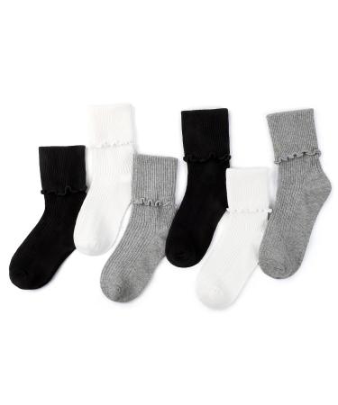 KEREDA Ruffle Socks for Girls Seamless Turn Cuff Slouch Crew Socks Kids 6 Pairs Black White Grey 7-10 Years