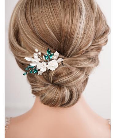 Missgrace Bride Wedding Crystal Pearl Leaf Rhinestone Hair Comb - Silver Green Bridal Hair Clip for Women | Wedding Hair Accessories - Buy Online on GoSupps.com