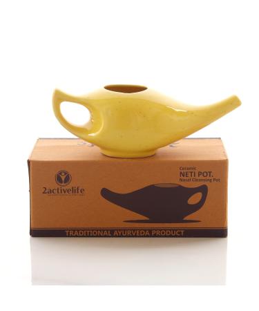 2activelife-Porcelain Ceramic Neti Pot with Salt-225ml Capacity for Nasal Cleansing Sinus - Crackle Yellow Color