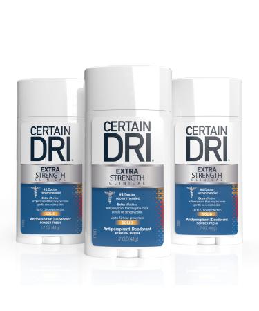 Certain Dri Extra Strength Clinical Antiperspirant Solid Deodorant, Hyperhidrosis Treatment for Men & Women, Powder Fresh, 1.7oz, 3 Pack