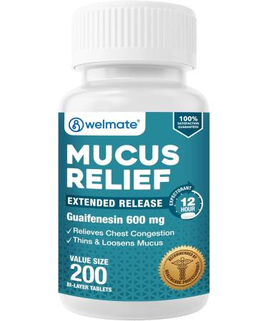 WELMATE | Mucus Relief | Guaifenesin 600mg | 12 Hr Support | Temporary Relief from Cough, Nasal & Chest Congestion, Infections, Colds, & Allergies | Expectorant | Extended-Release Tablets | 200 Ct 600 mg
