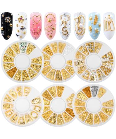 6 Boxes Nail Studs Metal Nails Supply Gold Silver 3D Nail Art Supplies Charms Nail Jewels for Nails Design Star Moon Beads Triangle Square Rivet Gems for Manicure Tips Designs Nail Art Kit