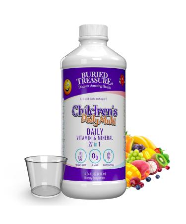 Buried Treasure Children's Daily Multi Liquid Multivitamin & Minerals Nutritional Dietary Vegan Supplement for Kids No Artificial Ingredients Non-GMO Natural Fruit Flavors 16 oz w/Dose Cup