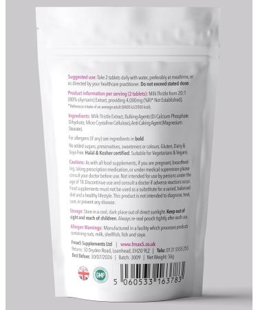 Milk Thistle (80% Silymarin) Tablets - High Strength 4000mg Supplement 120 Tablets (2 per Serving) - Not Capsules or Tincture - Vegan GMO-Free Gluten-Free UK Made - Buy Online on GoSupps.com