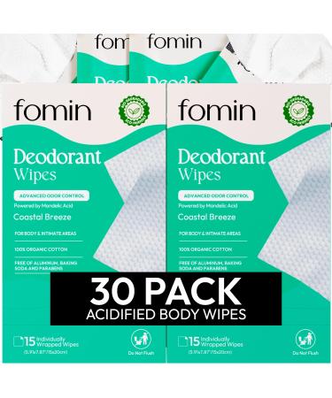 FOMIN Acidified Travel Deodorant Wipes For Women & Men - 30 Count - Coastal Breeze - pH Balanced Mini Deodorant Travel Size Wipes - Plastic-Free Individually Wrapped Underarm Body Wipes Coastal Breeze 15 Count (Pack of 2)