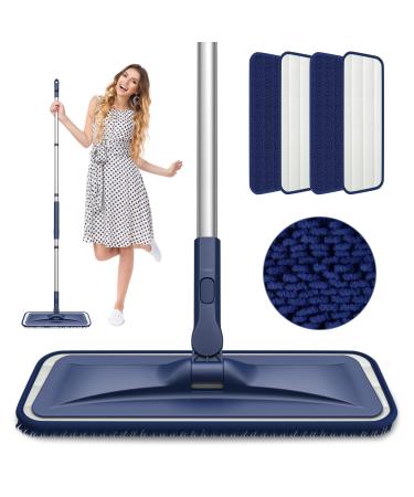 Microfiber Mops for Floor Cleaning - BPAWA Flat Floor Mop Wet Dry Dust Mop for Hardwood Floors Laminate Wood Tile Vinyl Wall Hard Surface, Bathroom Kitchen Mop with 4 Reusable Washable Chenille Pads Darkblue-4pads