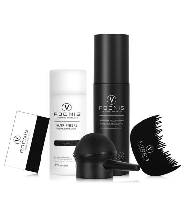 COMPLETE SET 5-in-1 ADONIS Hair Fiber Kit - All Natural Keratin Hair Fibers (Black) Hair Fiber Holding Spray Hairline Spray Hair Fiber Spray Hair Fiber Applicator Hair Fibers For Thinning Hair.