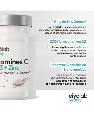 Vitamine C & D3 + Zinc Bisglycinate | Hautement Dos | Formule Immunit et Vitalit Compl te | 2 Mois de Cure par Flacon | Hautement Assimilable et Biodisponible | 60 Comprim s Vegan | Eiyolab - Buy Online on GoSupps.com