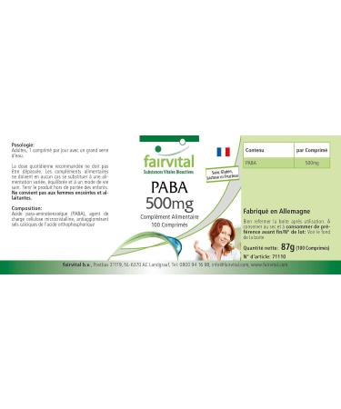 Fairvital | PABA 500mg (Vitamin B-10 para-aminobenzoic acid) 100 tablets VEGANs - against wrinkles skin protection and lets gray hair disappear - Buy Online on GoSupps.com