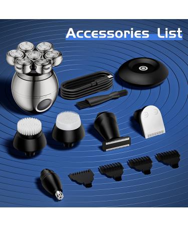 5-in-1 Electric Head Shaver for Bald Men - Rotary Design Head Shavers Kit with Clippers, Nose Trimmer, Brush, Massager - Cordless and Rechargeable Silver - Buy Online on GoSupps.com