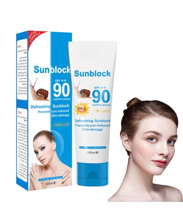 Sun Screen SPF 90+ - Snail Essence Sun Cream for All Skin Types - Body & Face Sunscreen for Outdoor & Beach - Ultra Light Sun Protection - Waterproof Sun Lotion Blocks UVA + UVB Rays (100ml)