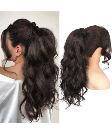 KooKaStyle Long Wavy Wrap Around Ponytail Extension Fluffy Clip in Synthetic Chocolate Dark Brown Pony Tails Hair Pieces 20 Inch with Front Side Bangs for Women Daily Use 20 Inch Chocolate Brown