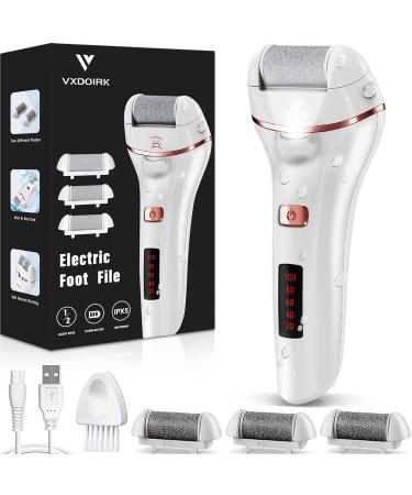 Electric Foot File Vxdoirk Rechargeable Waterproof Feet Hard Skin Remover Foot with 3 Replacement Rollers and 2 Speeds Battery Display Dry Dead Skin Remover feet For Foot Care