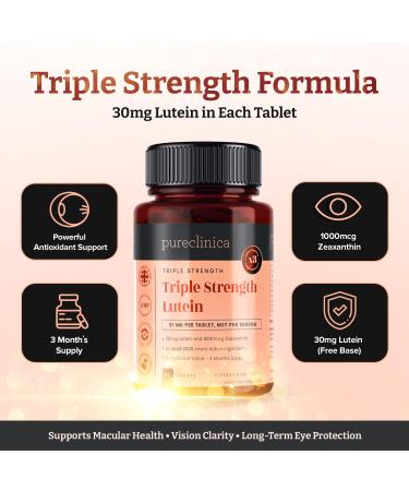 pureclinica Lutein 30mg with Zeaxanthin 1000mcg Triple Strength Supplement 90 Tablets (3-Month Supply) 90 Count (Pack of 1) - Buy Online on GoSupps.com