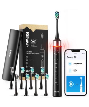 Bitvae Sonic Electric Toothbrush with Pressure Sensor, ADA Accepted, Bluetooth Electric Toothbrush with 8 Brush Heads, 5 Modes, 4 Hr Charge Last 100 Days, Power Rechargeable Toothbrush, Soft Bristle Black