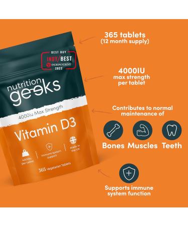 Vegetarian Vitamin D3 4000 IU - 1 Year Supply, 365 Tablets High Strength Vitamin D Supplement, UK Made - Buy Online on GoSupps.com