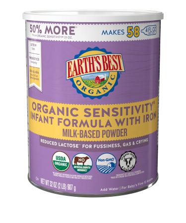 Earth's Best Organic Low Lactose Sensitivity Infant Formula with Iron, Milk-Based Powder, 32oz.