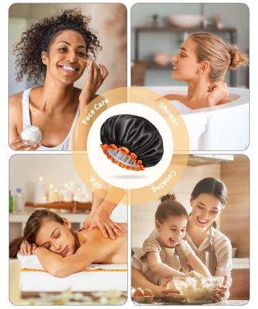 Mikimini Black Large Shower Cap for Women - Waterproof Bathing Hair Cap with Reusable PEVA Lining - Non-Fading & Stretchy Shower Hat - XL/1PC Black+Orange - Buy Online on GoSupps.com