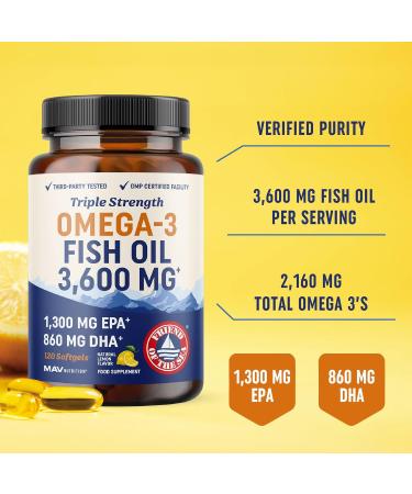 Omega-3 Fish Oil 3600mg Lemon Softgels | EPA & DHA for Brain, Heart, Joints, Skin & Immune Support | Non-GMO Burpless Supplements - 120 Count - Buy Online on GoSupps.com