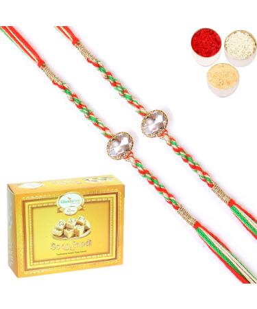 Ghasitaram Gifts Rakhi for Brother Rakhis Online - Set of 2-6377 Fancy Thread Rakhis with 400 GMS of Soan Papdi