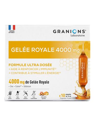GRANIONS GELEE ROYALE 4000 MG - Complement Alimentaire Ultra-Dos base de Gelee Royale - Selenium Zinc et Cuivre - Gelee Royale Immunit Adulte & Energie - 10 Ampoules Cure 10 Jours Made in France