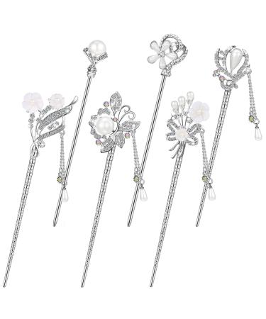 6 Pieces rhinestone Pearl Flower Hair Stick Chinese Hair Chopsticks vintage Tassel Hair Pin Chignon Pin Chopsticks Hair Chopsticks for Women Hair Accessories Making for Girl (Chic Style)