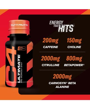 C4 Ultimate Pre-Workout Shot | Tutti Frutti Flavour Energy Shots 12 x 60ml Bottles | Sugar Free Pre-Workout Shot with 200mg Caffeine 2000mg L-Citrulline 2000mg Beta Alanine 800mg Betaine - Buy Online on GoSupps.com