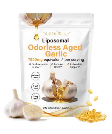 Obill NuTrance Aged Garlic Extract 7500mg Odorless Organic Garlic Supplements 2 Years Aged Garlic Extract Grown Allium Sativum Bulb | Supports Immune & Antioxidant Health | Non-GMO Gluten-Free 200 Count (Pack of 1)