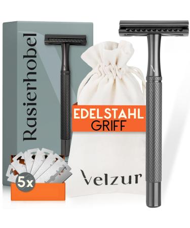 Velzur razor plane incl. 5 blades & travel bags - protected handle design made of stainless steel extra long & rust -free - razor plane set unisex - 100% plastic -free - Premium safety razor in anthracite