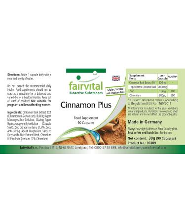 Fairvital | Cinnamon Plus - Bulk Pack for 3 Months - Vegan - HIGH Dosage - 90 Capsules - Cinnamon Extract with Chromium and zinc - Buy Online on GoSupps.com