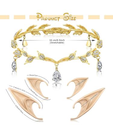 Hicarer Rhinestone Leaf Wedding Tiara Crown Headband for Brides - Gold Fairy Pixie Elf Ears - Ideal for Pageants, Prom & Cosplay - Buy Online on GoSupps.com