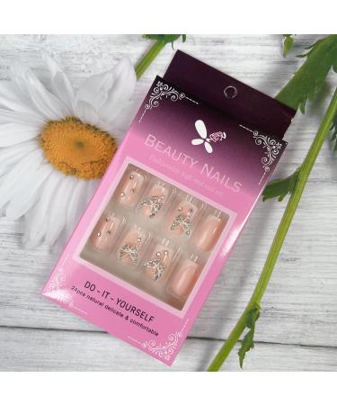 Short Press on Nails with Butterfly Charms - White French Acrylic Square Shape | Cute 24Pcs Stick-On Nails for Women - Buy Online on GoSupps.com