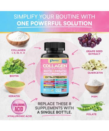 Collagen Peptides Types I II III V & X MCG Biotin Keratin Hyaluronic Acid MSM Zinc Grape Seed Extract Quercetin Vitamin A Vitamin C Vitamin E Magnesium Folic Acid (90 Capsules) 90 Count (Pack of 1) - Buy Online on GoSupps.com
